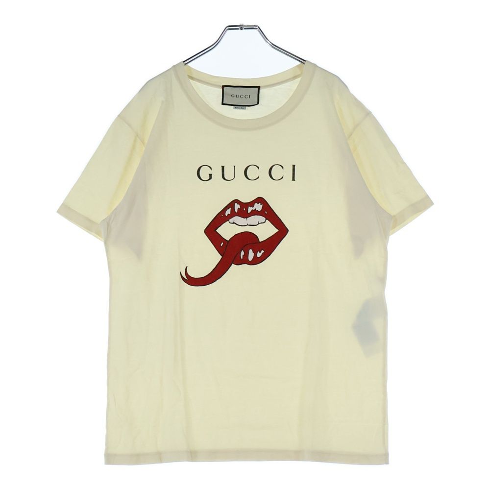 GUCCI グッチ 19 SS リップ ロゴ プリント クルーネック 半袖Tシャツ カットソー イエロー 493117