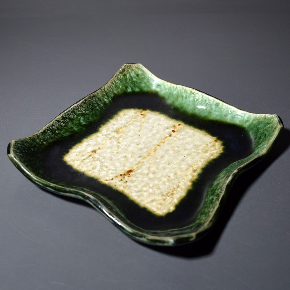 美濃焼 織部焼 棟山窯 緑釉 皿 スクウェア 正角皿 和食 和食器 昭和