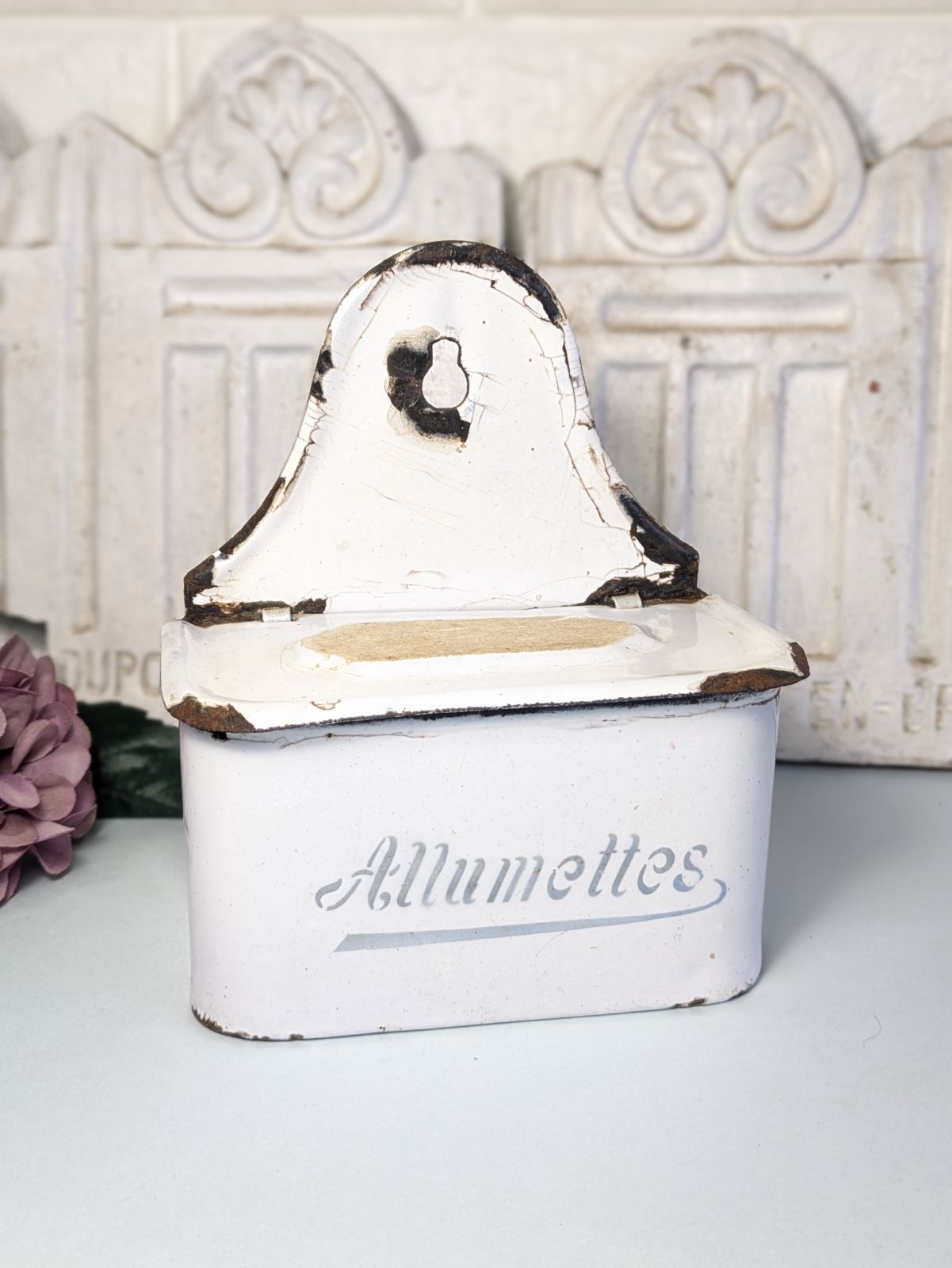 フランス アンティーク ホーロー製 アリュメット缶 マッチ入れ 小物