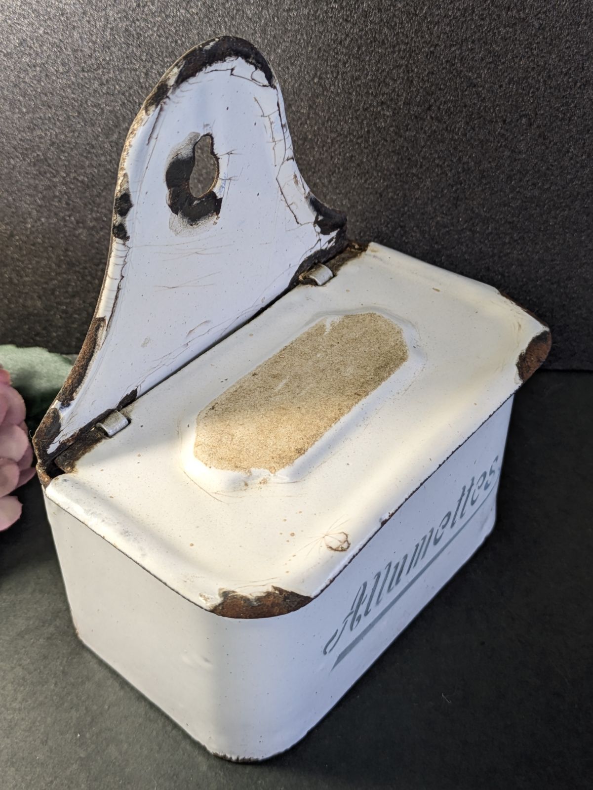 フランス アンティーク ホーロー製 アリュメット缶 マッチ入れ 小物