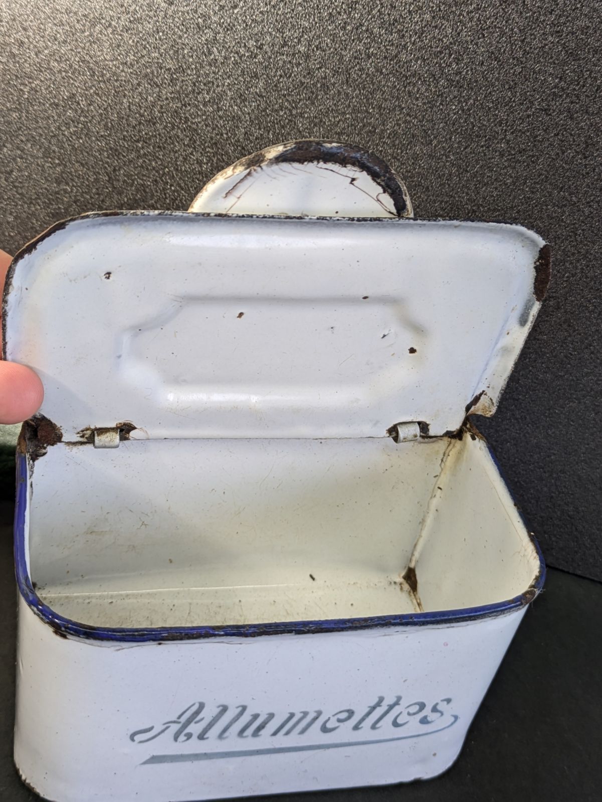 フランス アンティーク ホーロー製 アリュメット缶 マッチ入れ 小物