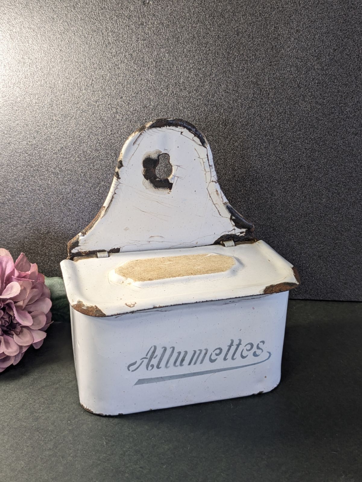 フランス アンティーク ホーロー製 アリュメット缶 マッチ入れ 小物