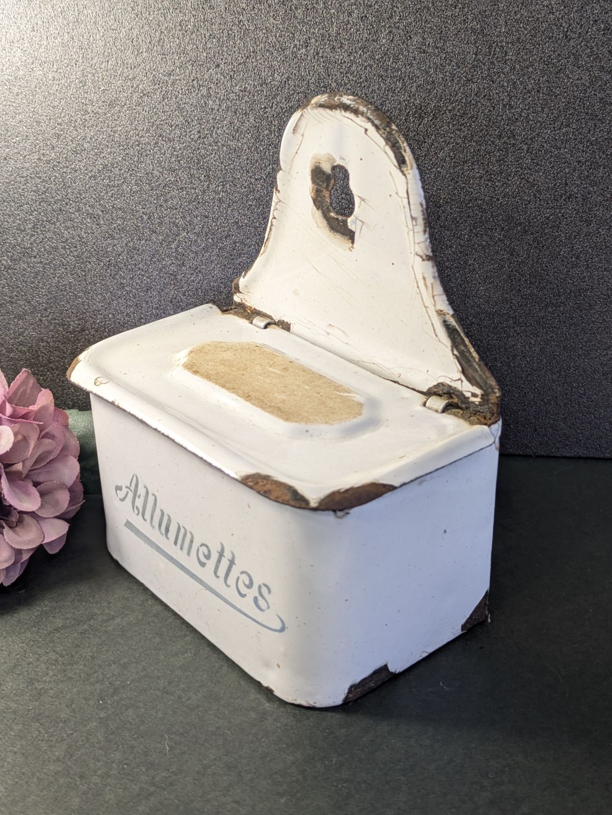 フランス アンティーク ホーロー製 アリュメット缶 マッチ入れ 小物