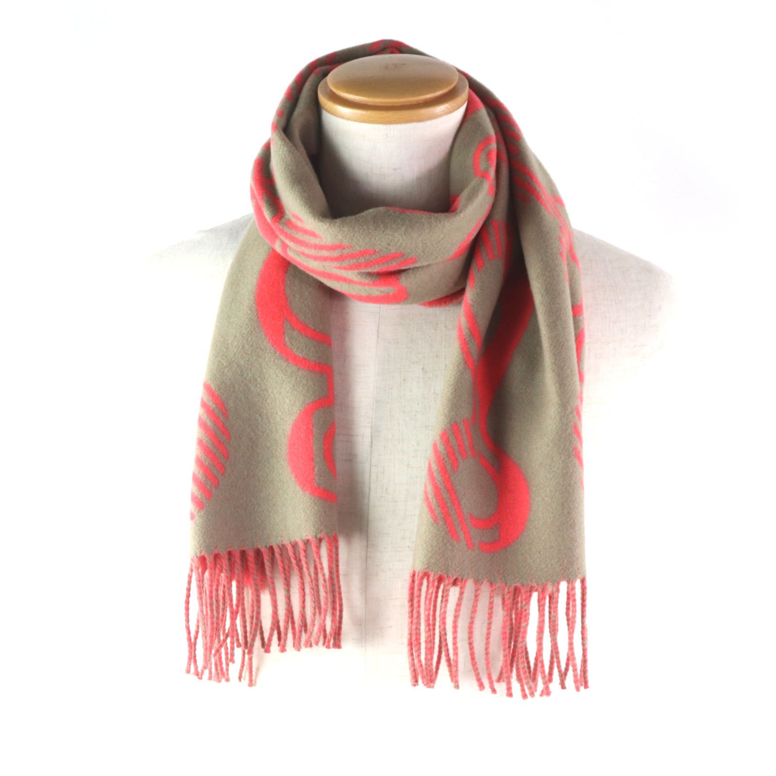 エルメス カシミヤ ドレ バックル マフラー レディース ブラウン レッド 柄 未使用品▽HERMES エルメス ドレバックル カシミヤ100% フリンジ付き