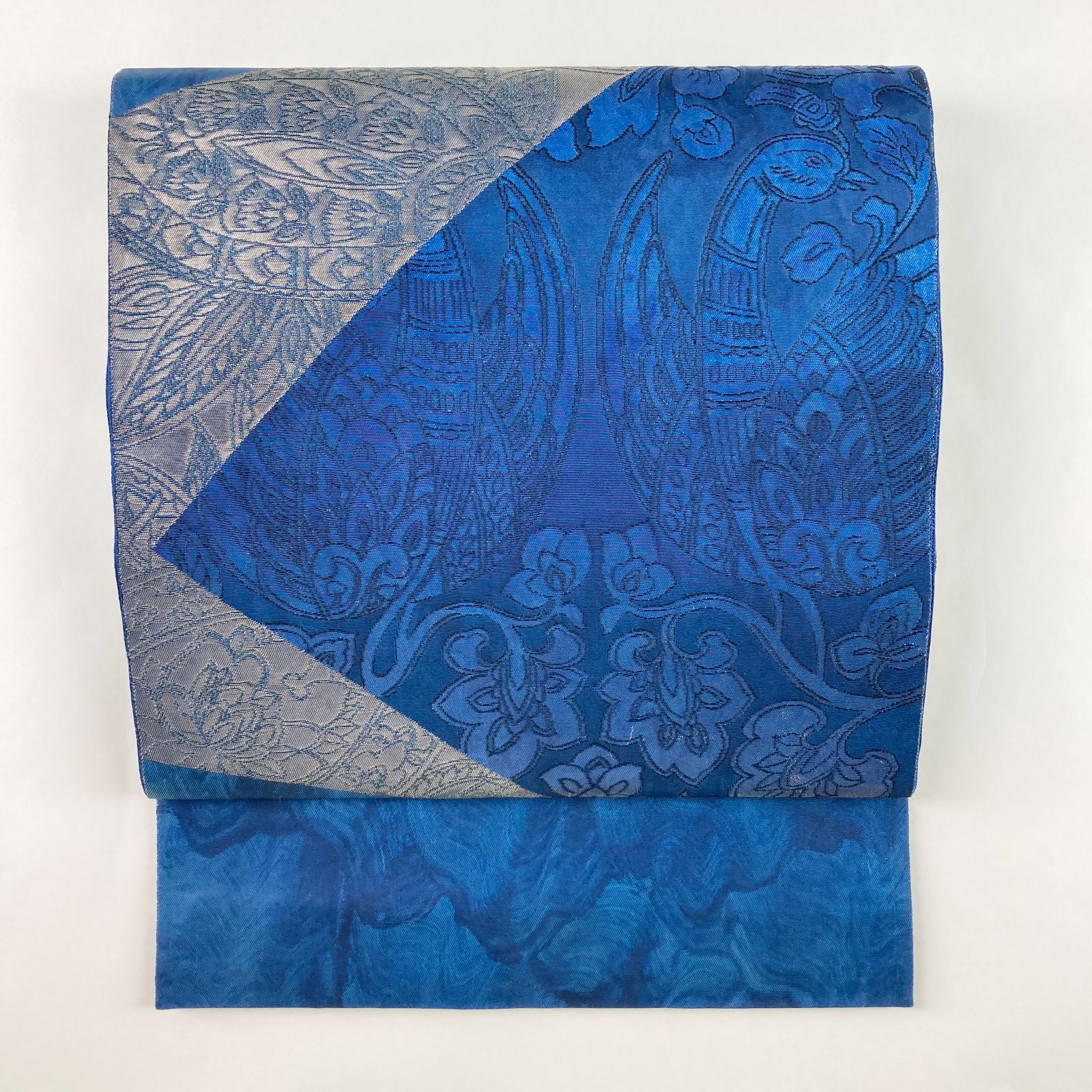 たんす屋 リユース帯 帯 袋帯 青 カジュアル 引き箔 オリエンタル 花鳥