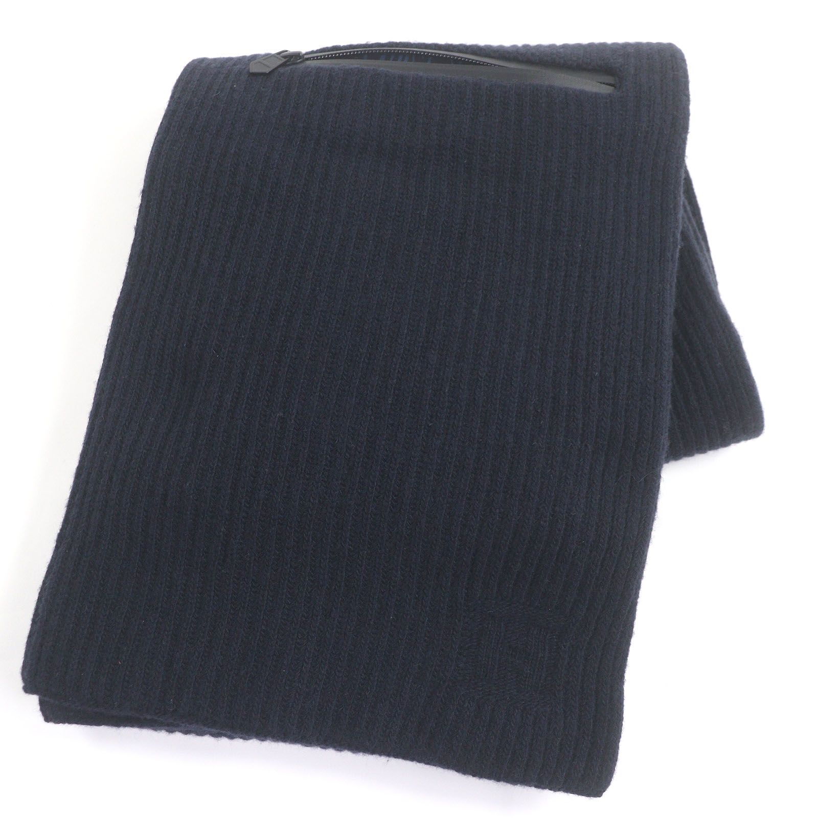 HERMES エルメス ウール カシミヤ Hロゴ City Pocket ニットマフラー ストール ショール ネイビー イタリア製 メンズ