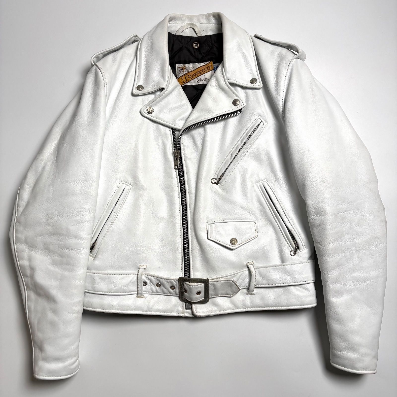 米国製】Schott レザー ライダースジャケット 白 40 ダブル 本革