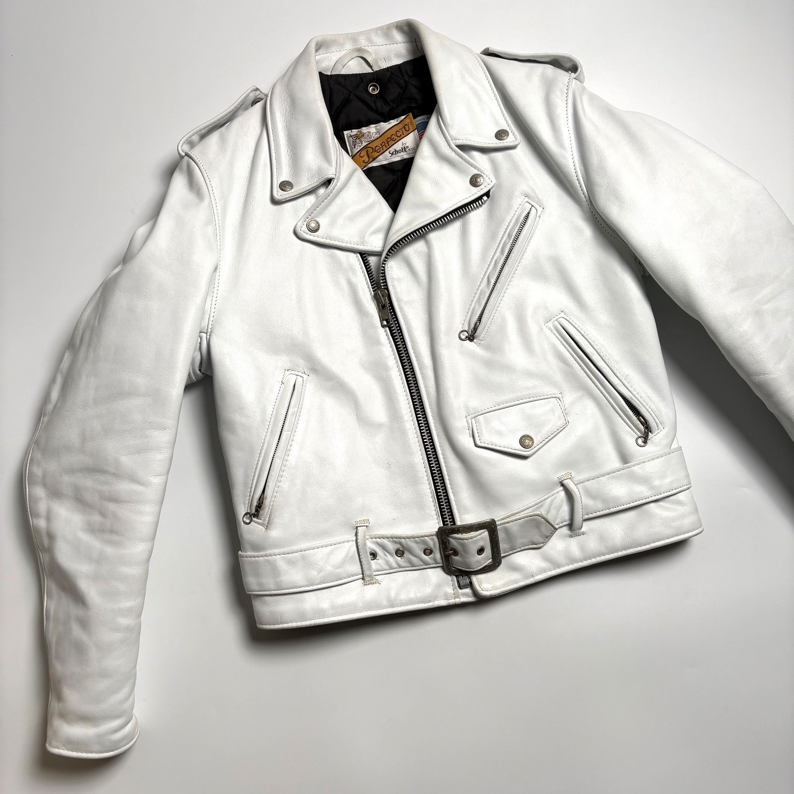 米国製】Schott レザー ライダースジャケット 白 40 ダブル 本革