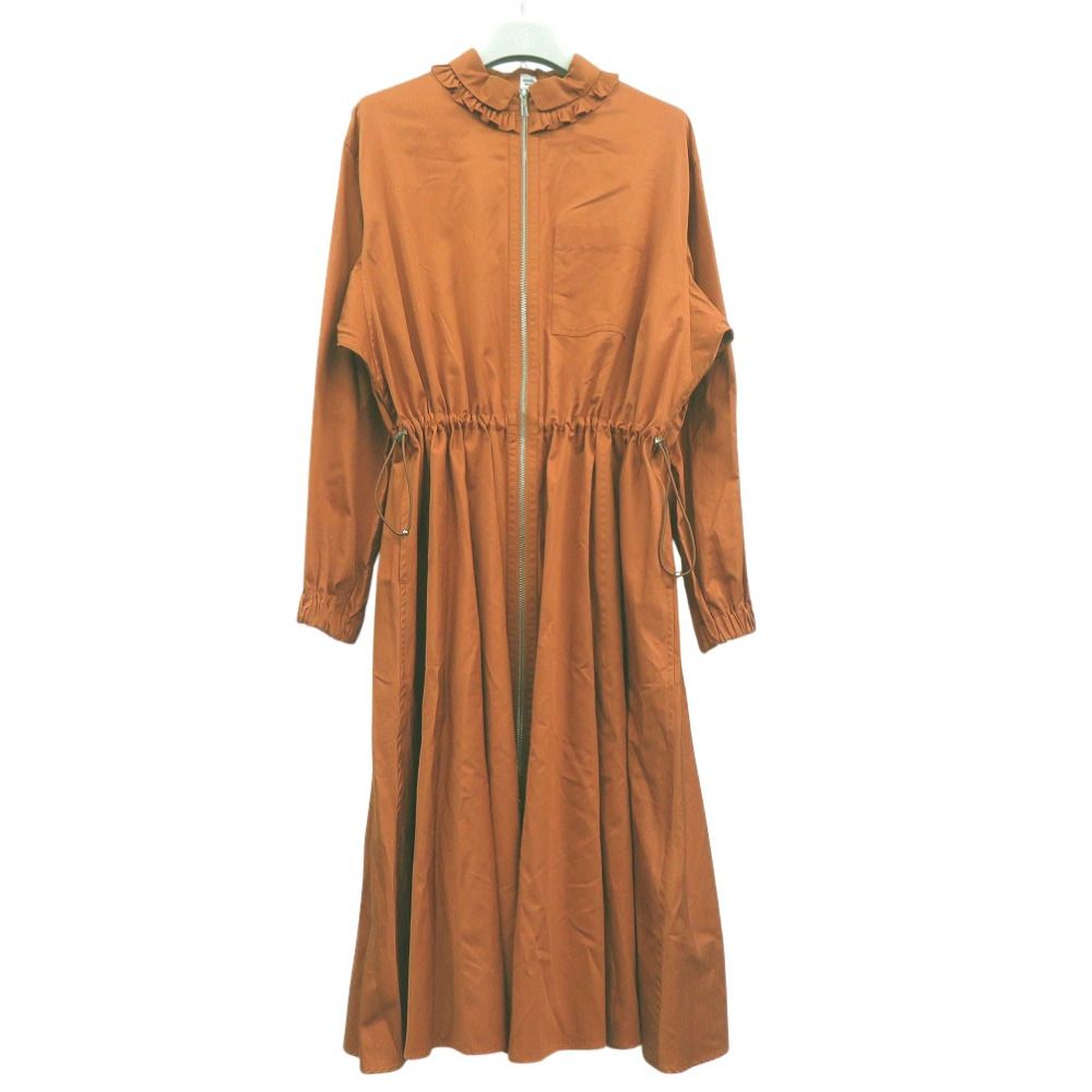 エルメス ゴムドレスシャツ フリル フ フロントジップ シャツワンピース オレンジ 1864 HERMES
