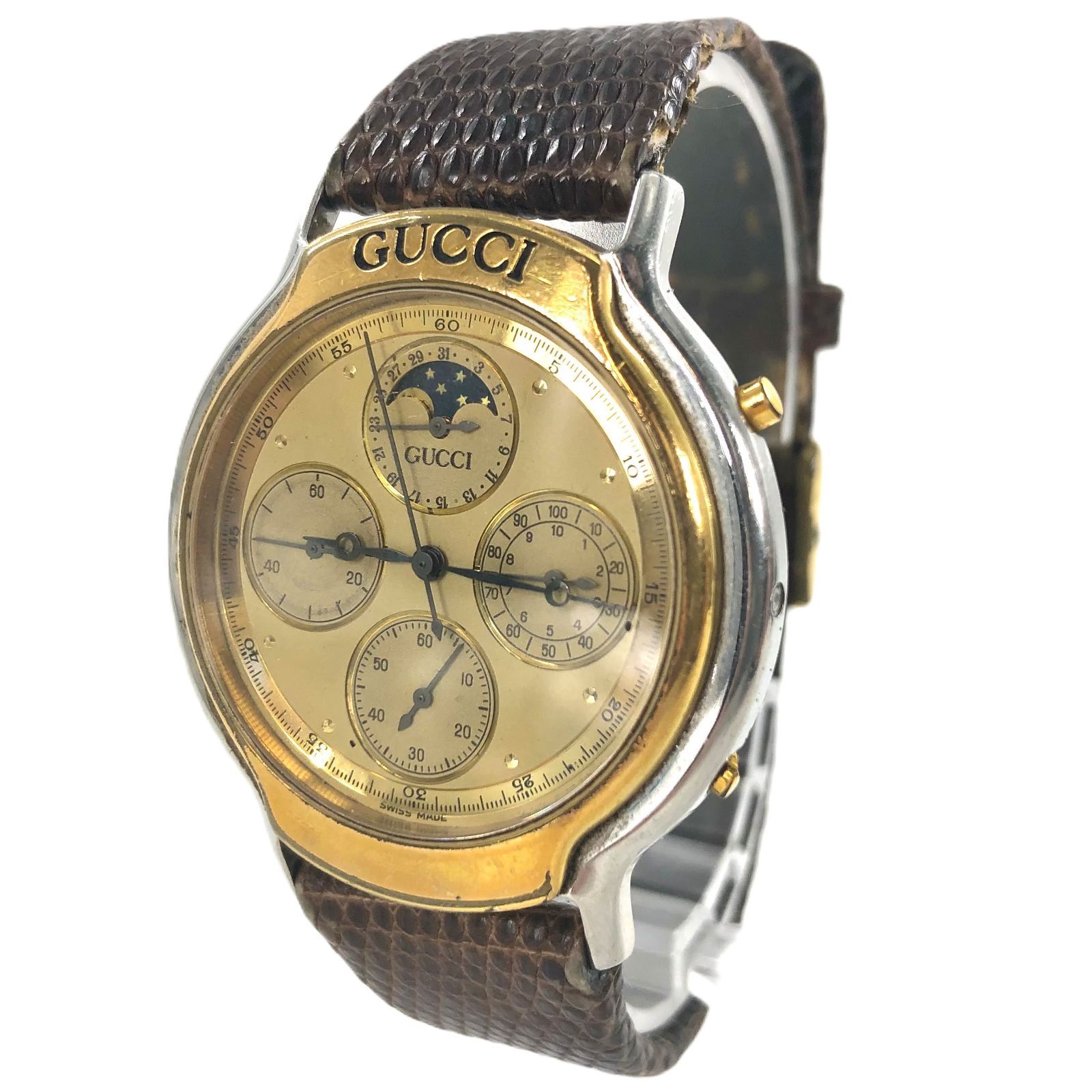 GUCCI グッチ 8300 ムーンフェイズ SS×レザー QZ ゴールド文字盤 メンズ腕時計 PF-541