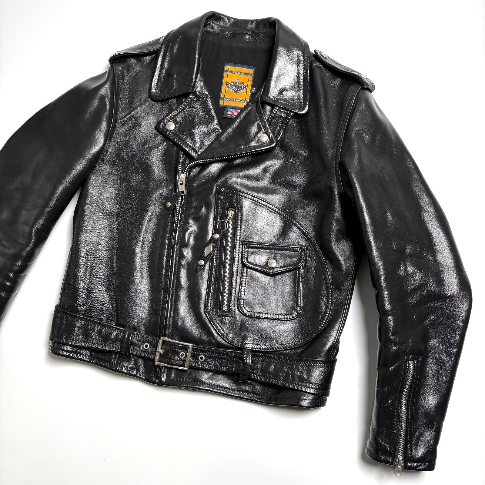 値下げしました。Schott ブラック レザー ジャケット L 米国製】Schott レザー ライダースジャケット 黒 42 馬革 Dポケ 本革