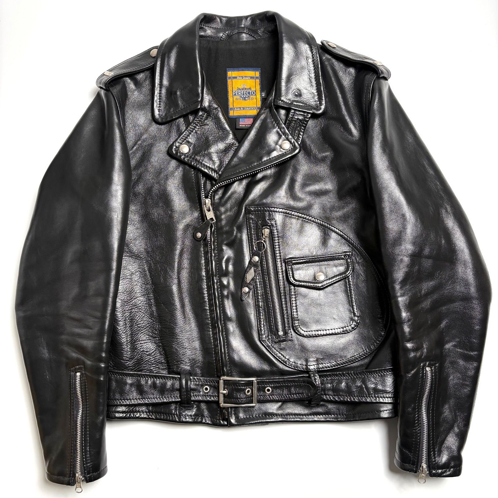 米国製】Schott レザー ライダースジャケット 黒 42 馬革 Dポケ 本革