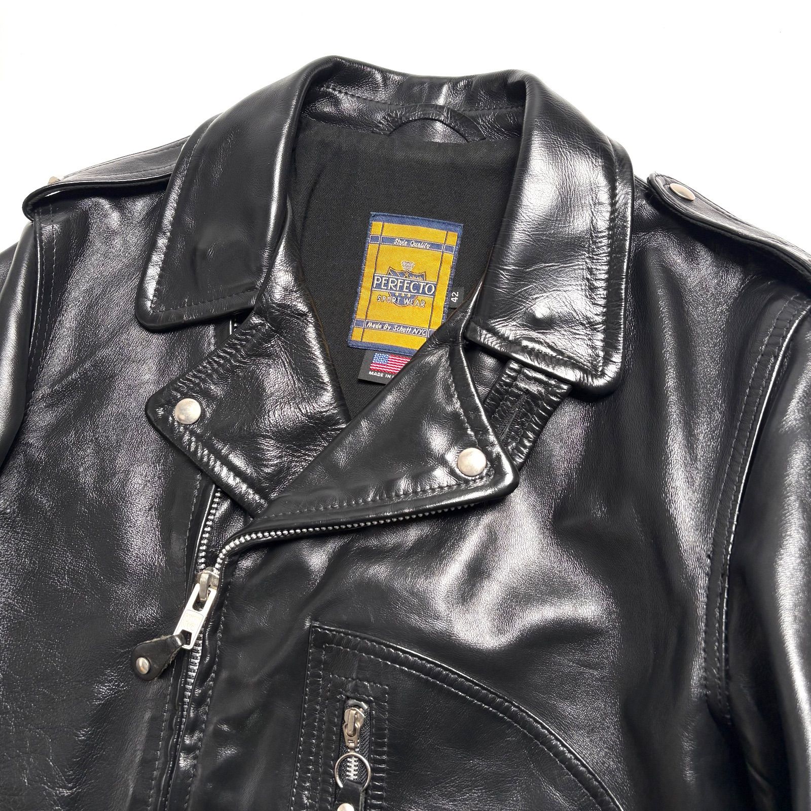 米国製】Schott レザー ライダースジャケット 黒 42 馬革 Dポケ 本革