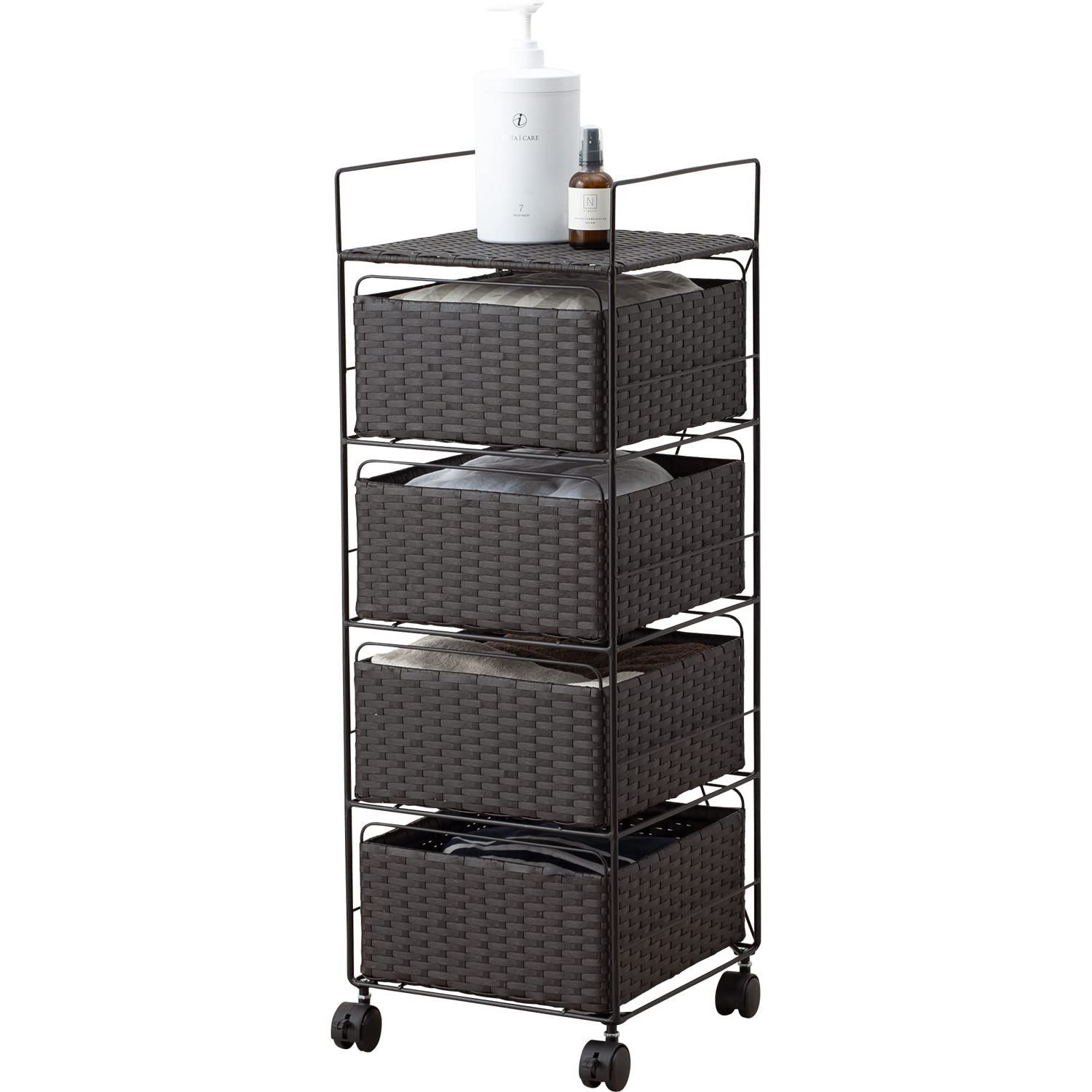 在庫処分 キャスター付き シンプル 大容量 通気性 コンパクト ボックスタイプ 奥行30 棚 ワゴン 高さ85 幅30 ダークブラウン 4段 ラック 1台 ランドリー RAN-2434 DBR 萩原