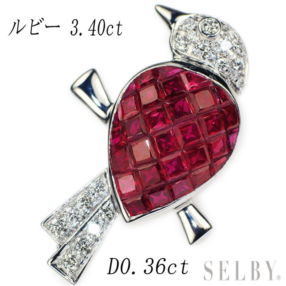 K18WG/K14WG ルビー ダイヤモンド ブローチ兼ペンダントトップ 3.40ct 