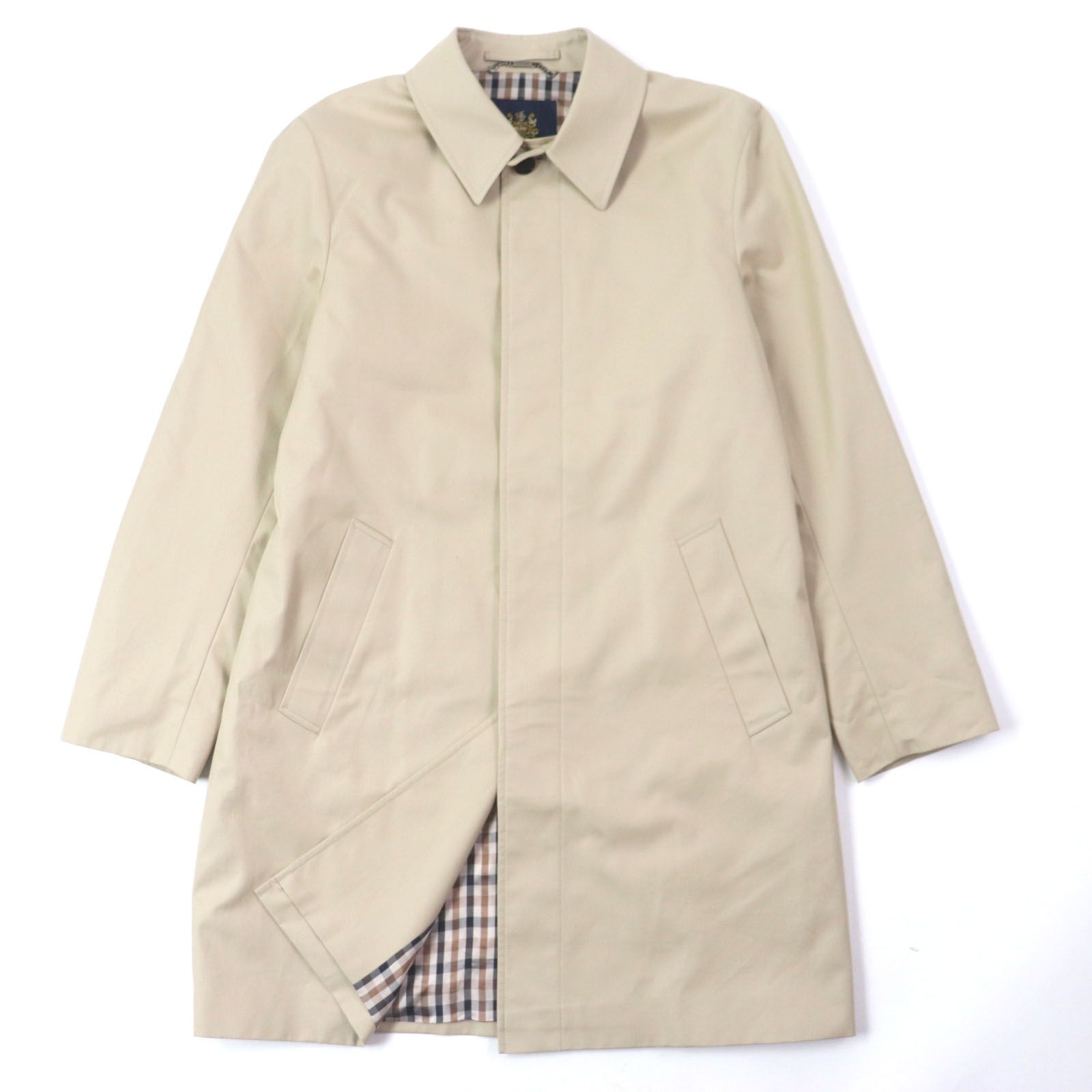 極美品▼Aquascutum アクアスキュータム 裏地チェック柄 ロゴ入りボタン 比翼仕立て ステンカラーコート ベージュ 40 英国製 メンズ 極美品▽Aquascutum アクアスキュータム コットン100% 裏地チェック柄