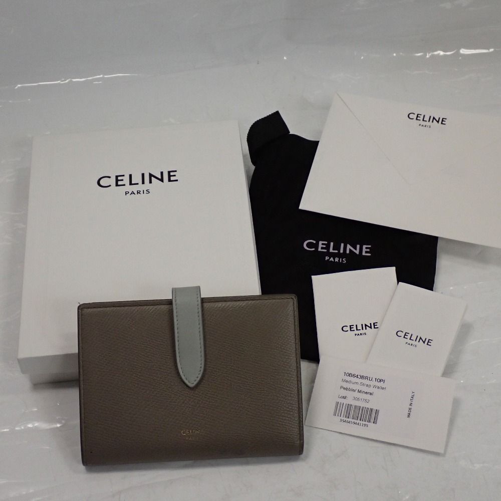 Th 1003071 セリーヌ ミディアムストラップウォレット 10 PI 本革 グレージュ ライトブルー系 二つ折り財布 CELINE