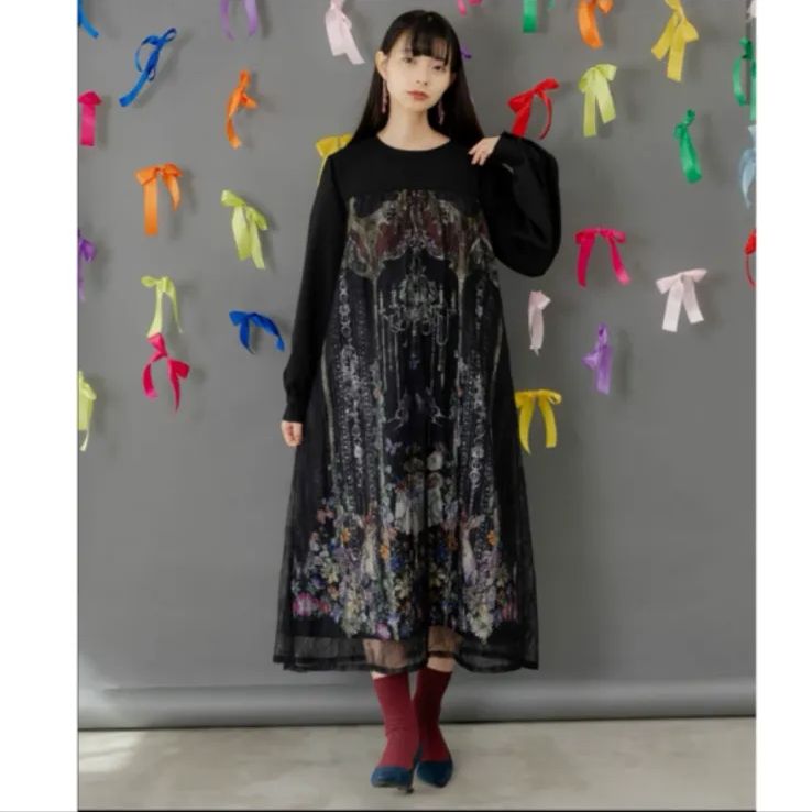 iS ScoLar ガーデンティーパーティ柄 布帛 チュールレースワンピース