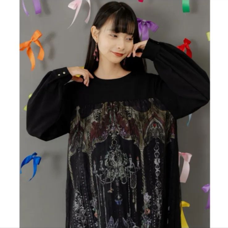 iS ScoLar ガーデンティーパーティ柄 布帛 チュールレースワンピース