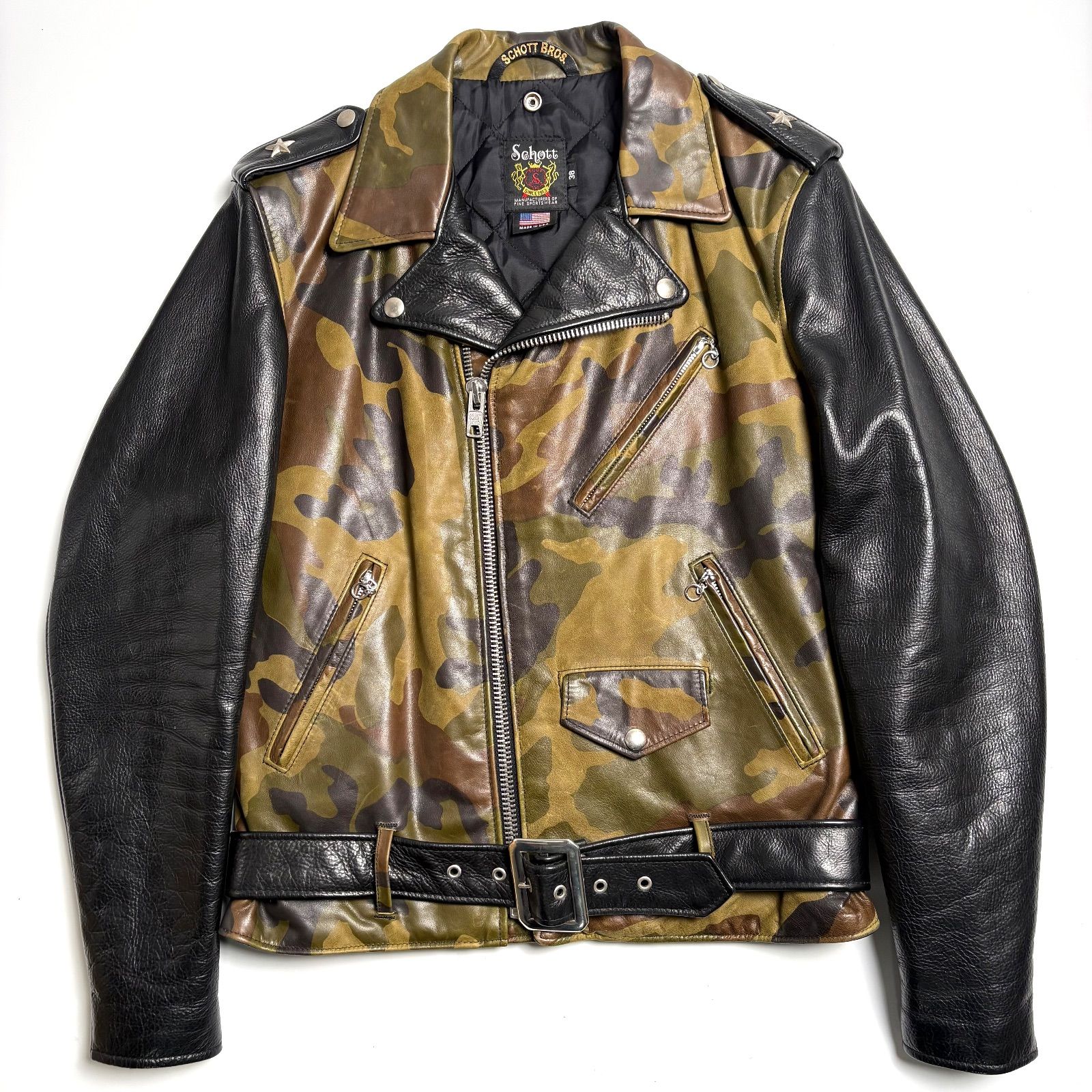 米国製】Schott レザー ライダースジャケット 迷彩 38 カモフラ 牛革