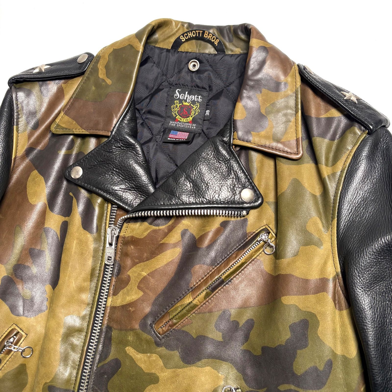米国製】Schott レザー ライダースジャケット 迷彩 38 カモフラ 牛革