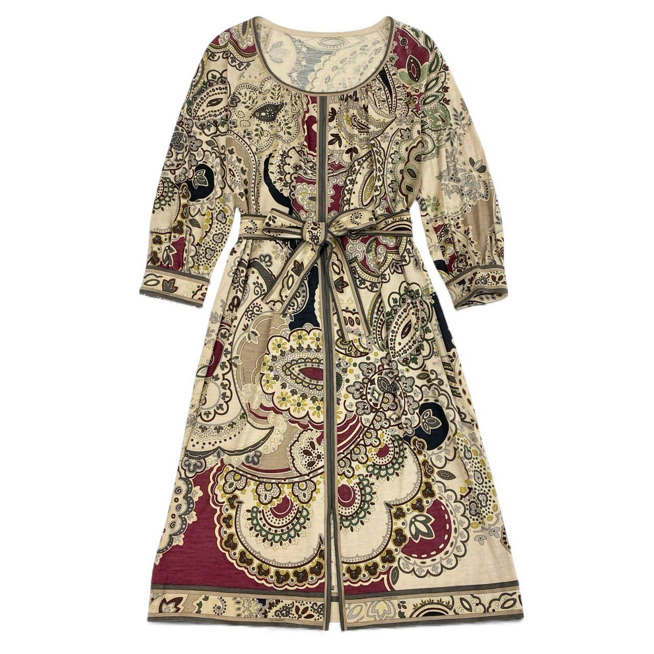 49 L 9 LEONARD レオナール 長袖ワンピース 膝丈ワンピース 総柄 ウエストリボン Mサイズ マルチ レディースo 07 t