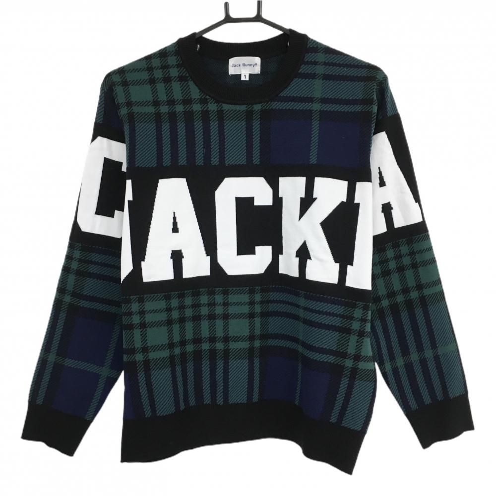 美品　ジャックバニー ニット　セーター　チェック柄　ビッグロゴ 超美品】ジャックバニー セーター 黒×グリーン×白 チェック ビッグロゴ