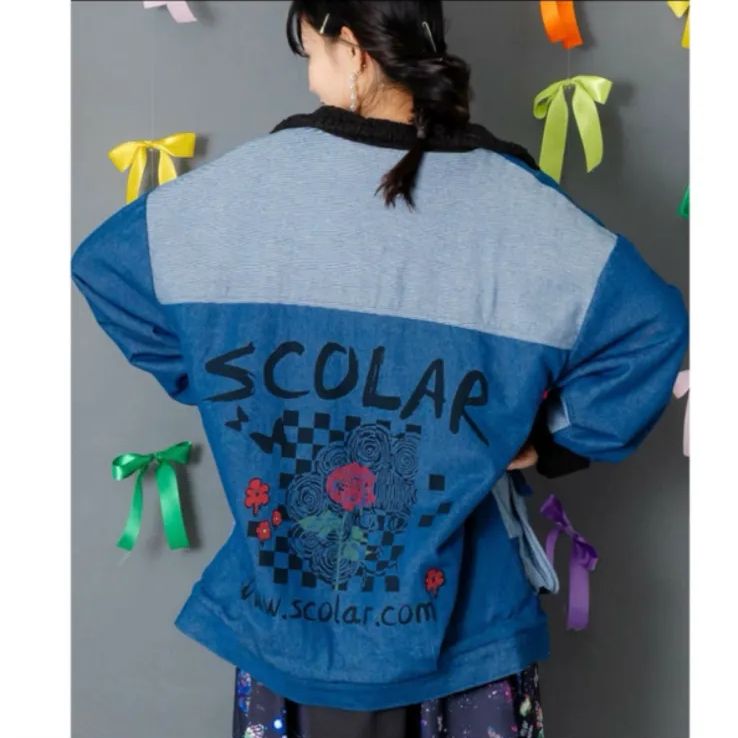 Scolar 落書きモザイク柄デニム ボアジャケット