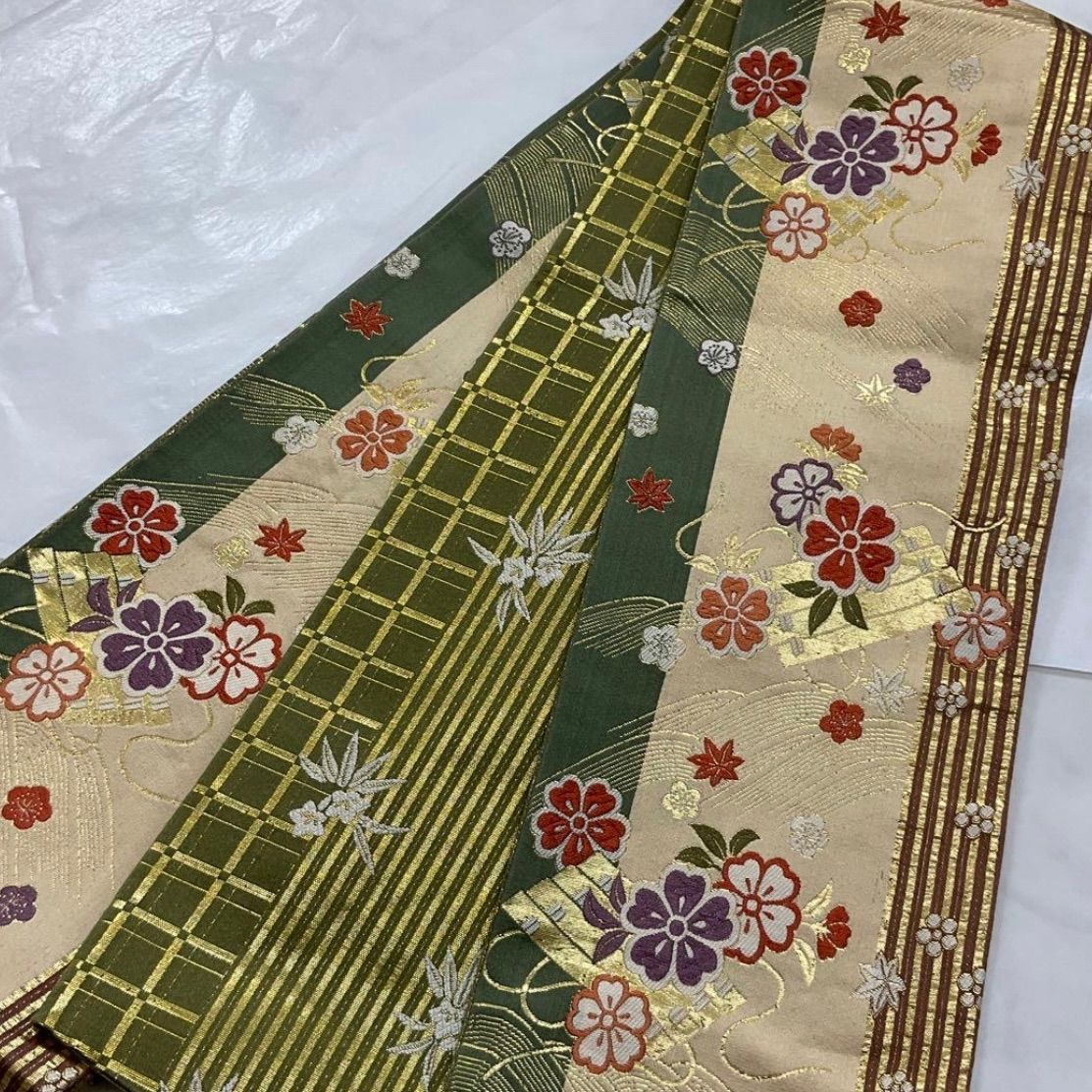 kimomo one kimonoarisa 同然 最 西陣織唐織正絹 手織り リバーシブル 長尺 半幅帯半巾帯小袋帯 426.5㎝ 着物帯小紋普段着半幅帯