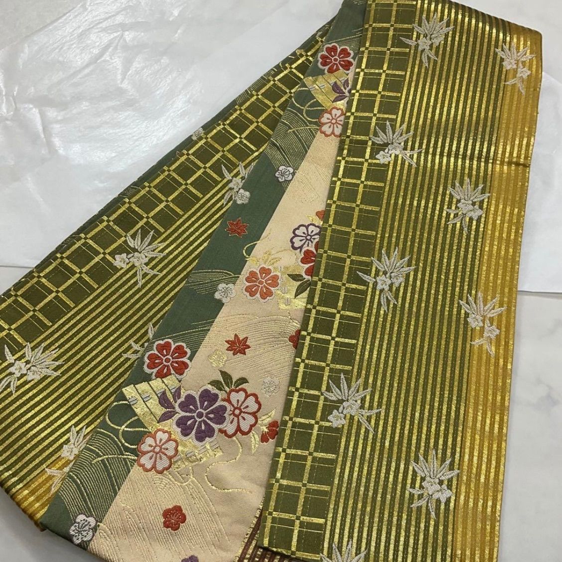 kimomo one ● ●kimonoarisa●♥同然●最 西陣織唐織正絹●手織り●リバーシブル●長尺●半幅帯半巾帯小袋帯●426.5㎝●着物帯小紋普段着半幅帯