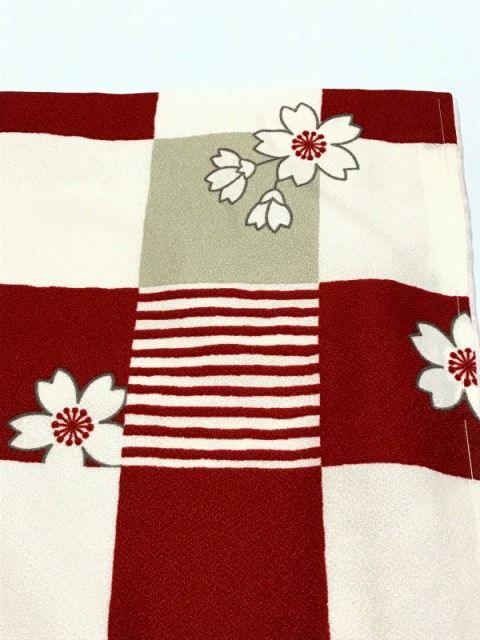  BLサイズ 化繊 小紋 白地に格子 桜模様 普段着 化繊着物 着物 女性着物 レディース レディース着物 かわいい 大きい 大きいサイズ その他 着物