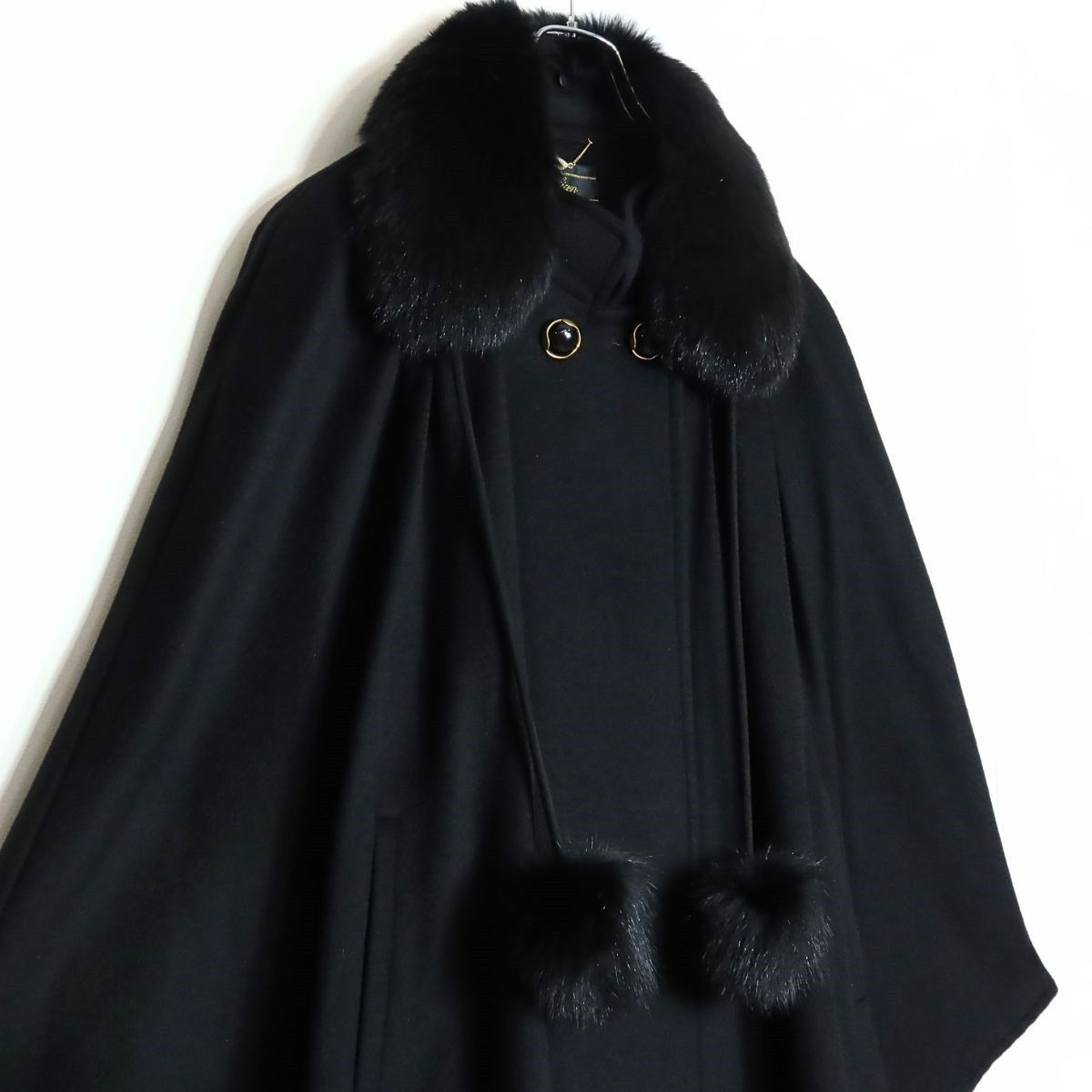 レリアン 黒 L コート フォックスファー 美品】レリアン☆ フォックスファーのティペット付き♪ウール100コート