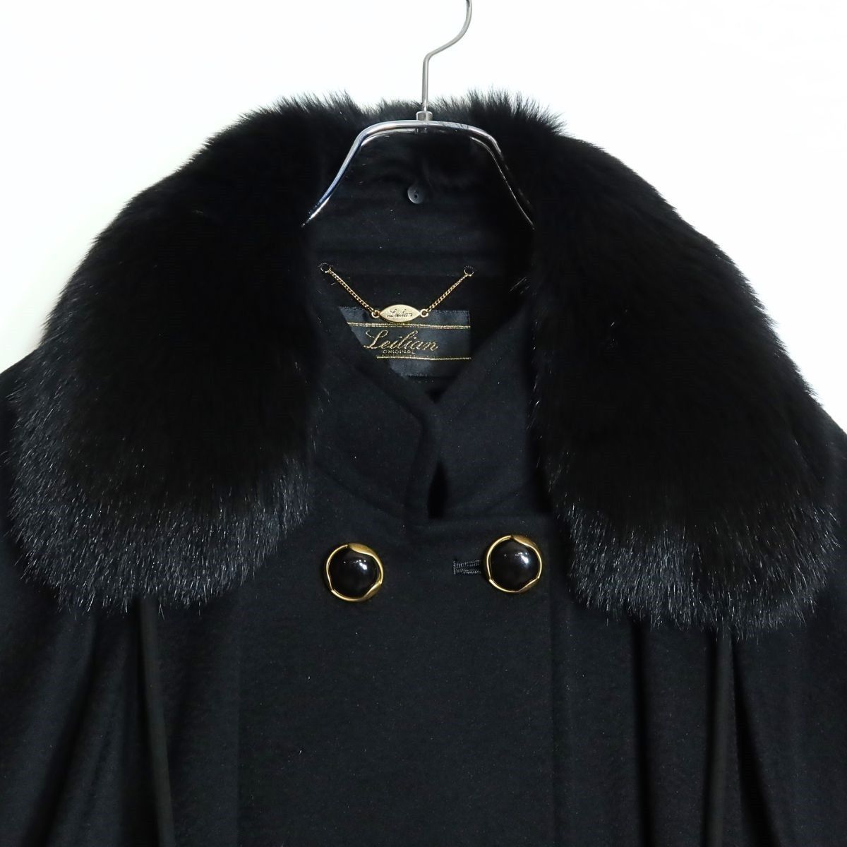 レリアン 黒 L コート フォックスファー 美品】レリアン☆ フォックスファーのティペット付き♪ウール100コート