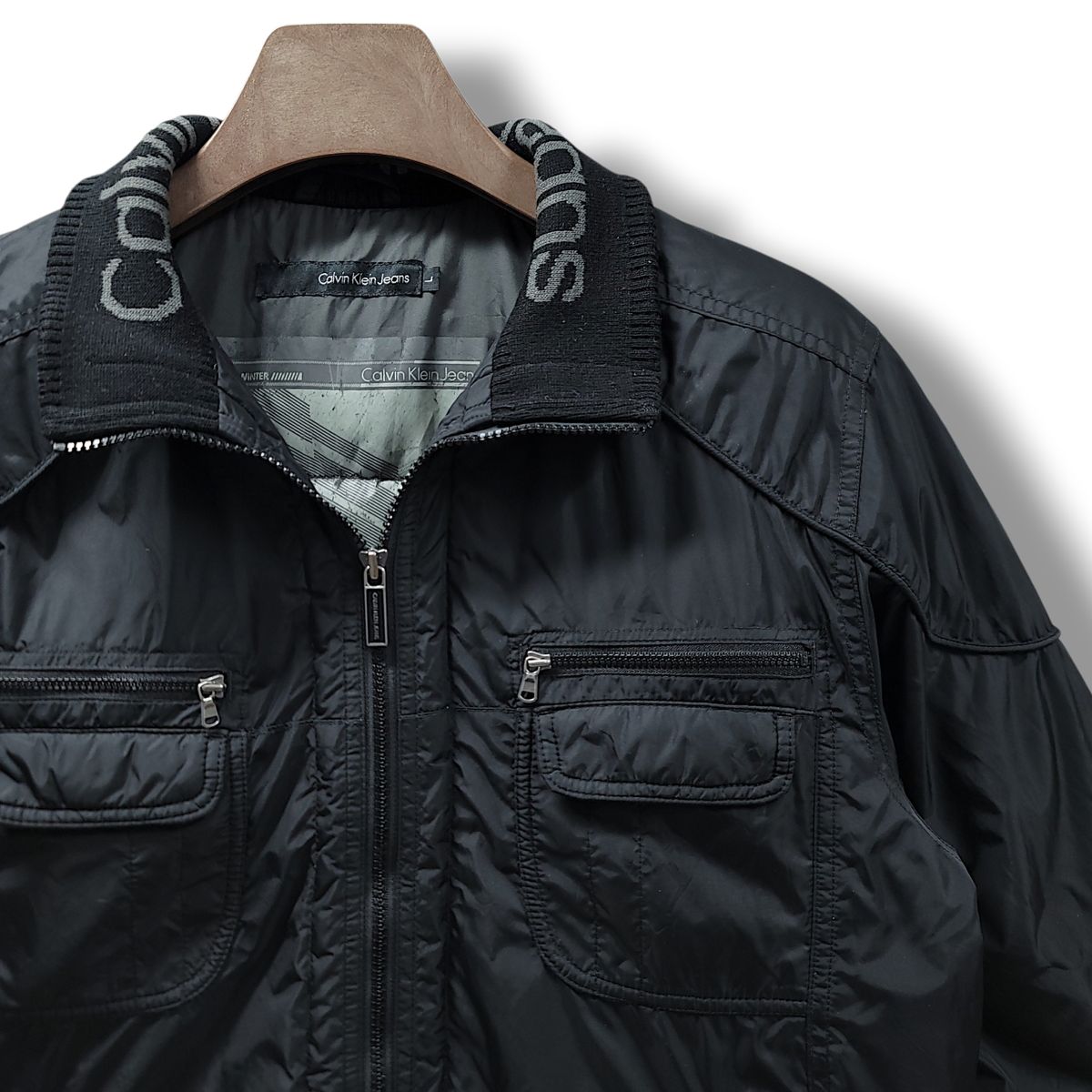 L カルバン クライン ブラック マルチポケット ナイロン シェル ダウン ジャケット