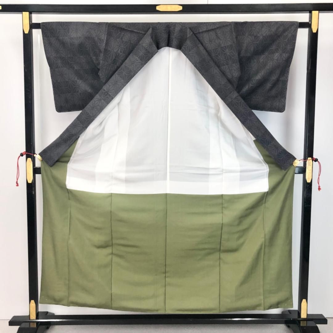 紬着物 麻の葉模様 黝色 しつけ糸 K-5568