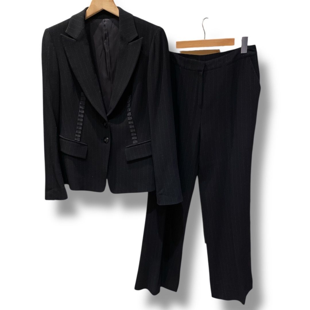 Leilian レリアン スーツ セットアップ テーラードジャケット パンツスーツ ピンストライプ リボン装飾 ウール混 ブラック 黒 サイズ11 Lサイズ レディース 秋 ゴーゴー古着セントラルパー NO 1599