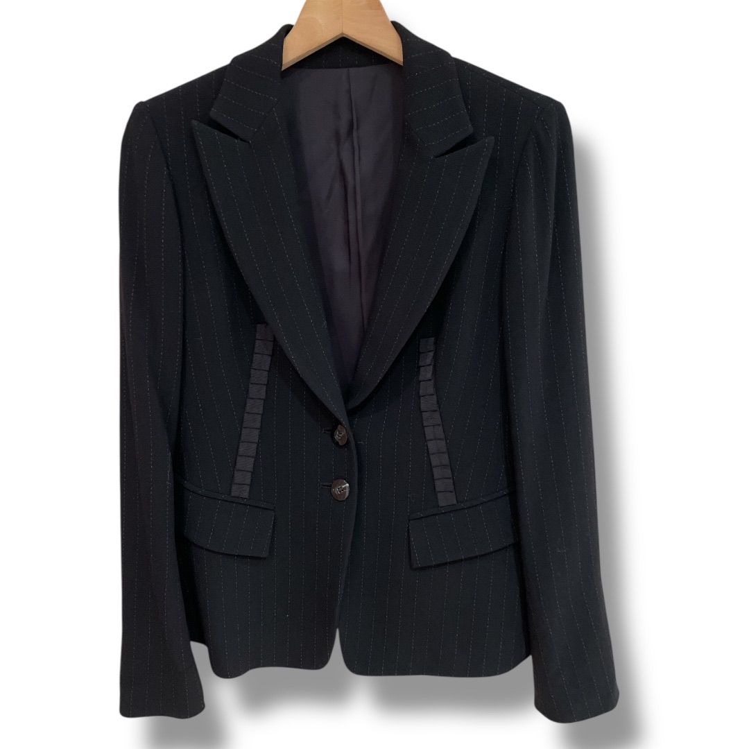 Leilian レリアン スーツ セットアップ テーラードジャケット パンツスーツ ピンストライプ リボン装飾 ウール混 ブラック 黒 サイズ11 Lサイズ レディース 秋 ゴーゴー古着セントラルパー NO.1599