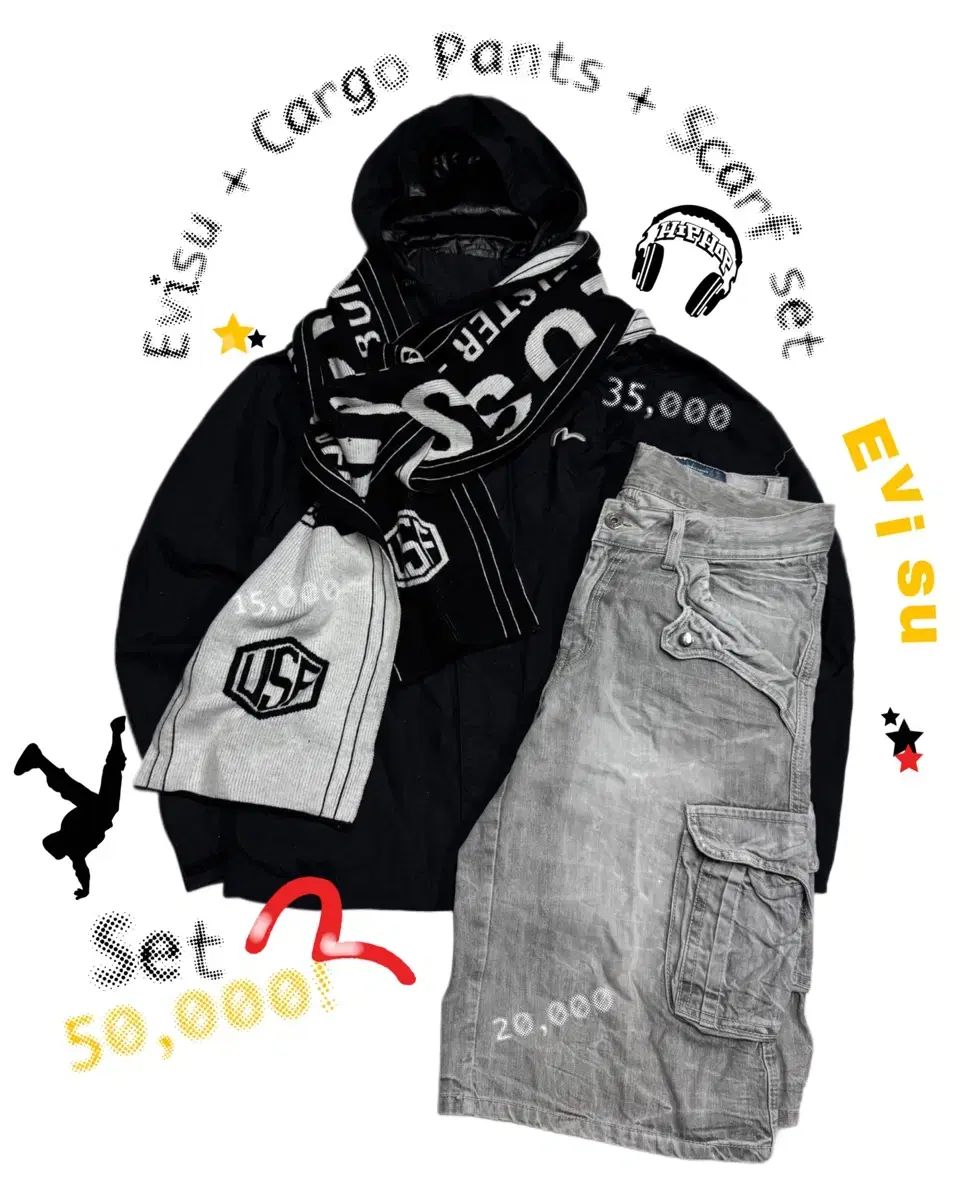 エヴィス ジャケット + マフラー + カーゴパンツ セット