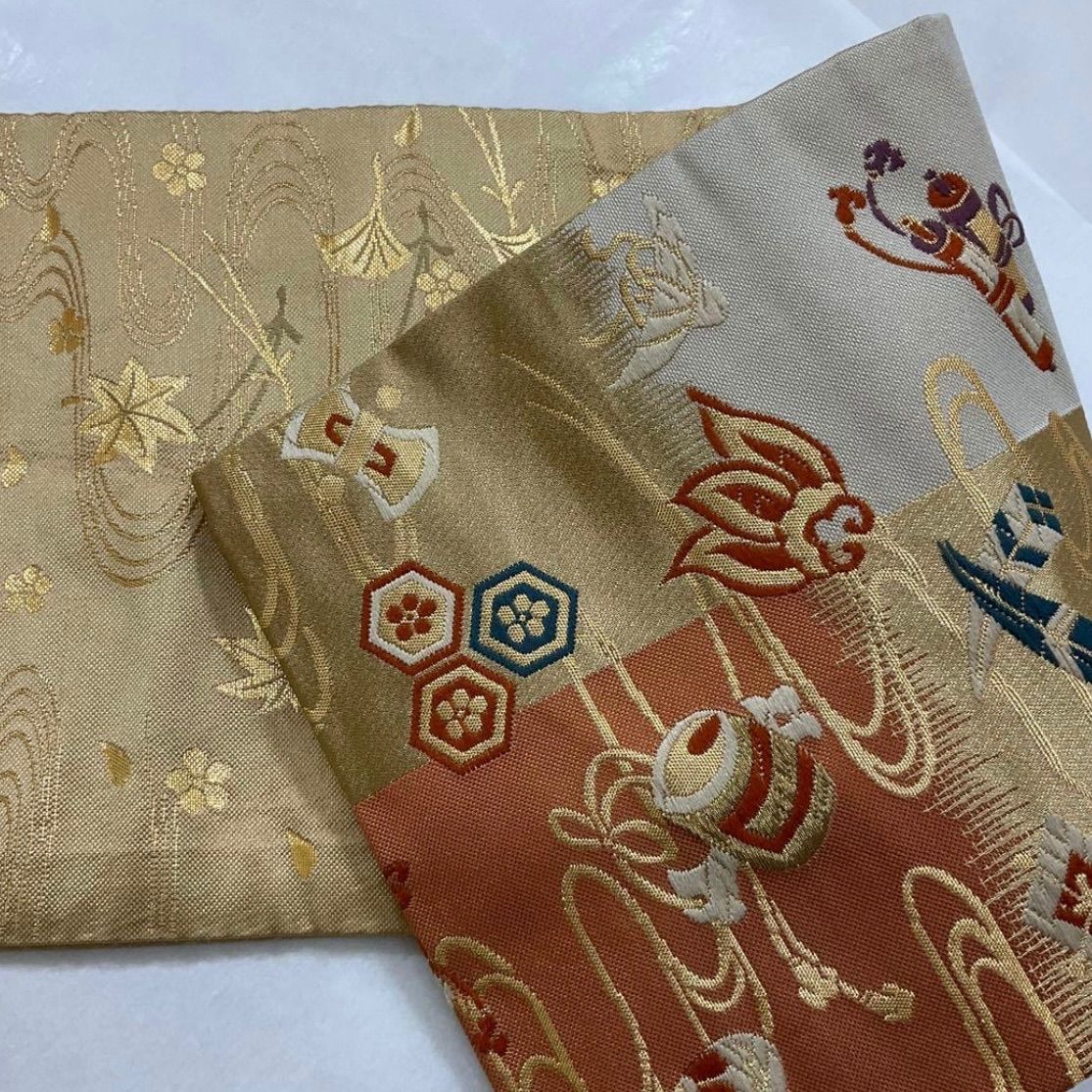  kimomo one ● ●kimonoarisa● ●最 西陣織唐織●手織り●正絹●リバーシブル●長尺●半幅帯半巾帯小袋帯●436.5㎝●着物帯小紋普段着半幅帯 半巾 半幅 小袋帯 帯