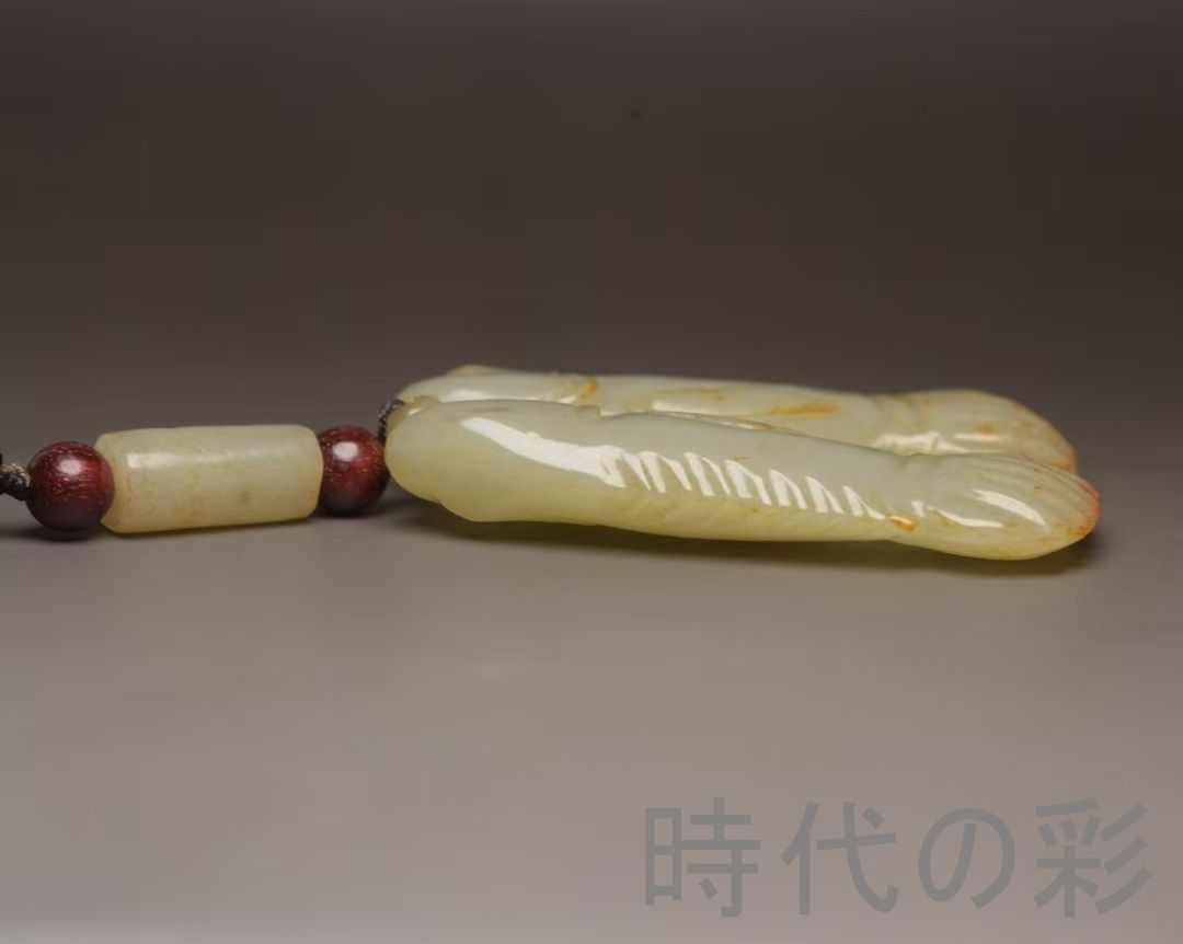 中国古美術『和田玉 双魚佩 9.3cm』純手作り 原石 根付 時代物 白玉
