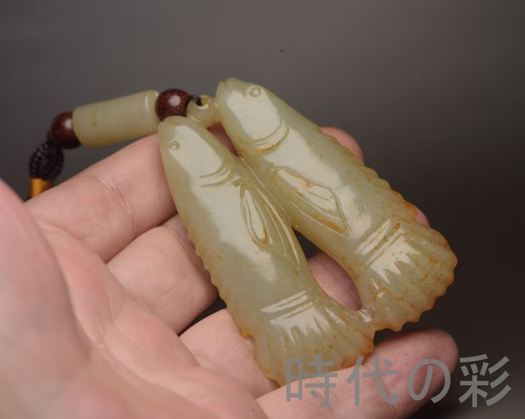 中国古美術『和田玉 双魚佩 9.3cm』純手作り 原石 根付 時代物 白玉