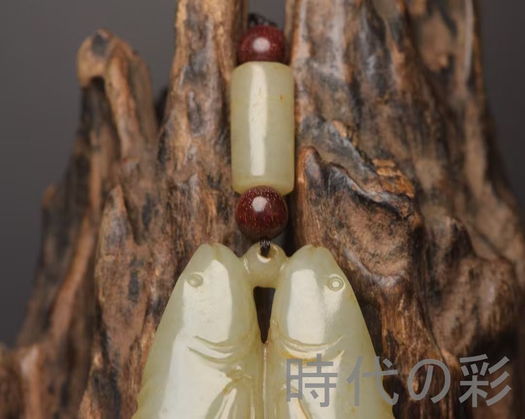 中国古美術『和田玉 双魚佩 9.3cm』純手作り 原石 根付 時代物 白玉