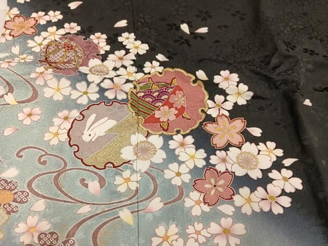 平和屋着物●お引きずり・お引き摺り 訪問着 和装 舞妓 芸妓 衣装 駒刺繍 雪輪 兎 糸巻 桜 暈し染め 黒地 金彩 逸品 AABD7547ph 平和屋着物○お引きずり・お引き摺り 訪問着 和装 舞妓 芸妓 衣装 駒