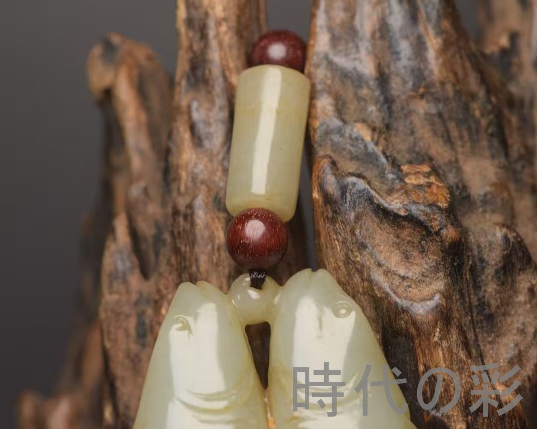 中国古美術『和田玉 双魚佩 9.3cm』純手作り 原石 根付 時代物 白玉