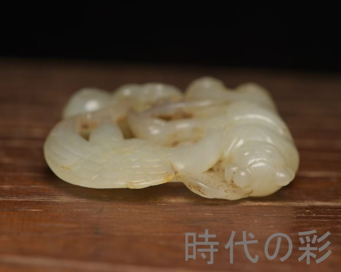 和田玉水孟　幅約6.5㎝　古玉彫刻 花彫紋 細工 書道具 唐物 中国美術 古玩 中国古美術『和田玉 牛彫刻細工 6.3cm』純手作り 原石 根付 時代物