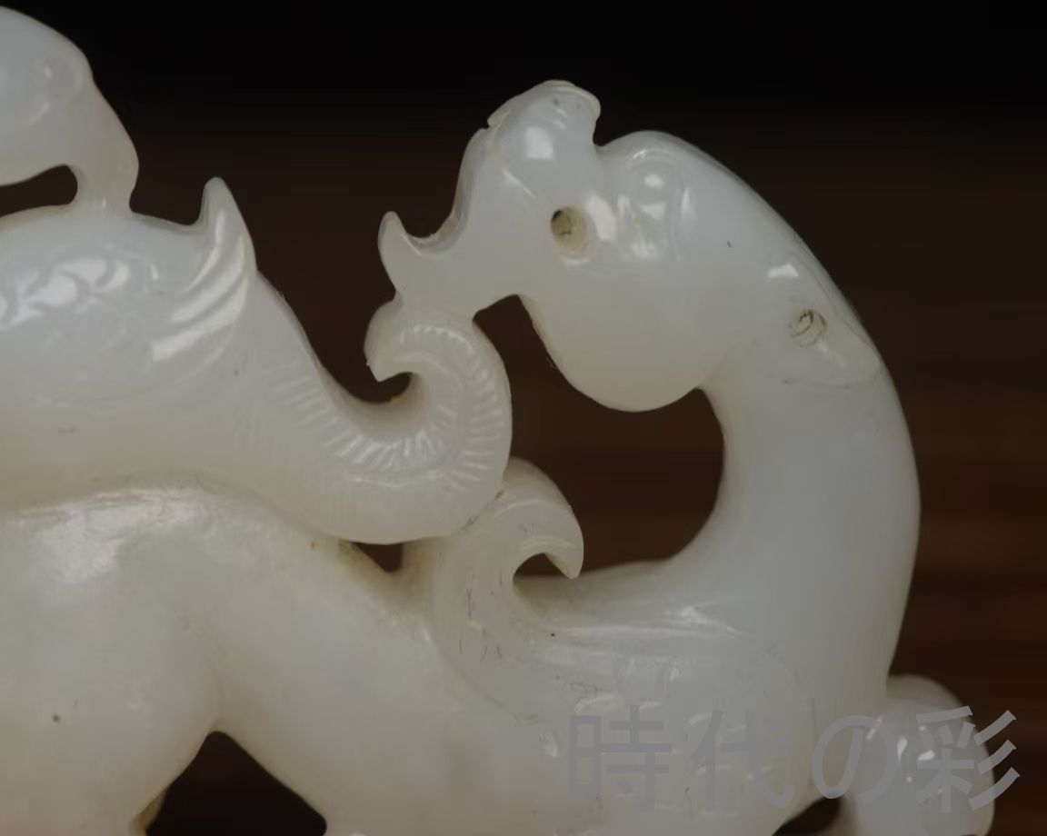 中国古美術『和田玉 龍鳳呈祥 6.2cm』純手作り 原石 根付 時代物 白玉