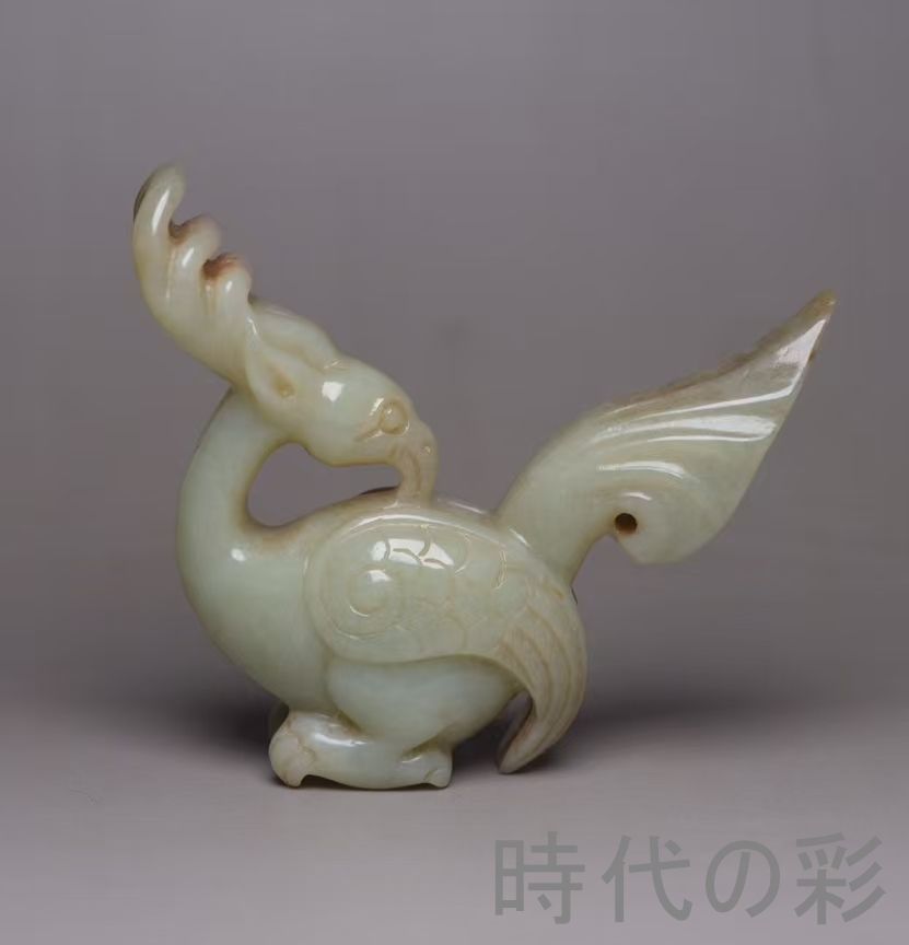 中国古美術『和田玉 鳳鳥彫刻細工 6.1cm』純手作り 原石 根付 時代物