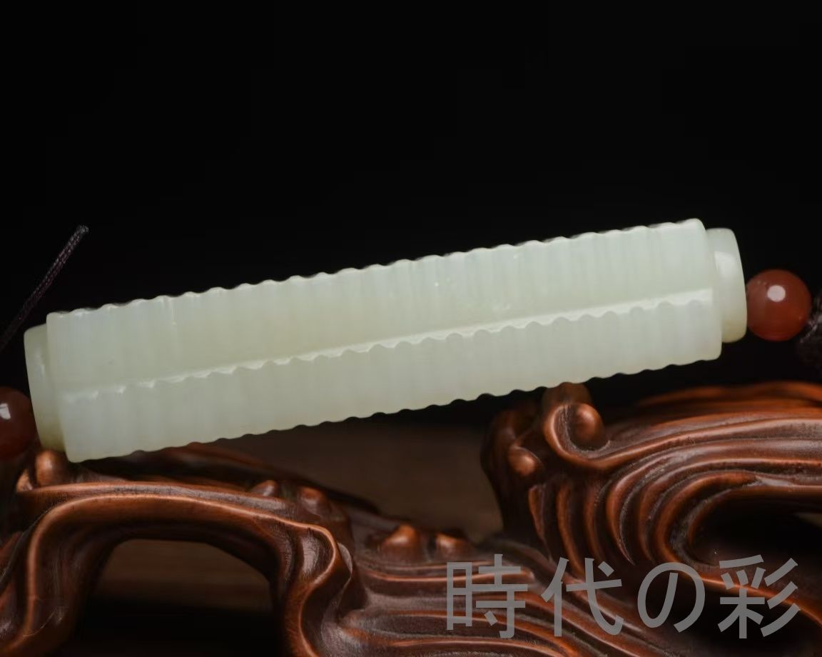 中国古美術『和田玉 琮形 8.0cm』純手作り 原石 根付 時代物 白玉 和田