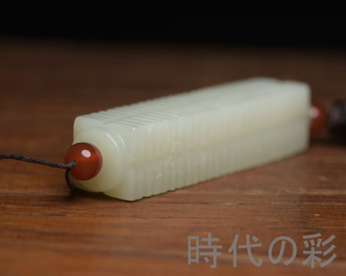 中国古美術『和田玉 琮形 8.0cm』純手作り 原石 根付 時代物 白玉 和田