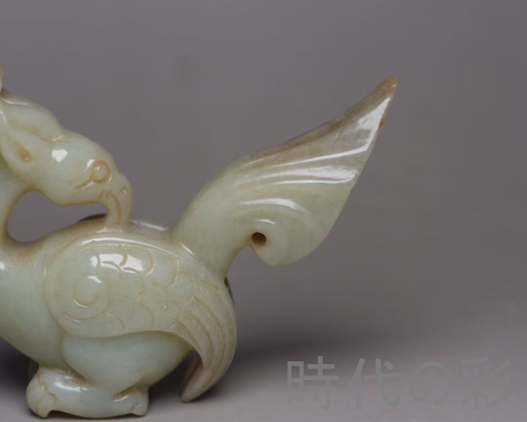 本玉 白鳥　天然石 和田玉 中国古美術白玉　手彫 透かし彫り 中国古美術『和田玉 鳳鳥彫刻細工 6.1cm』純手作り 原石 根付 時代物